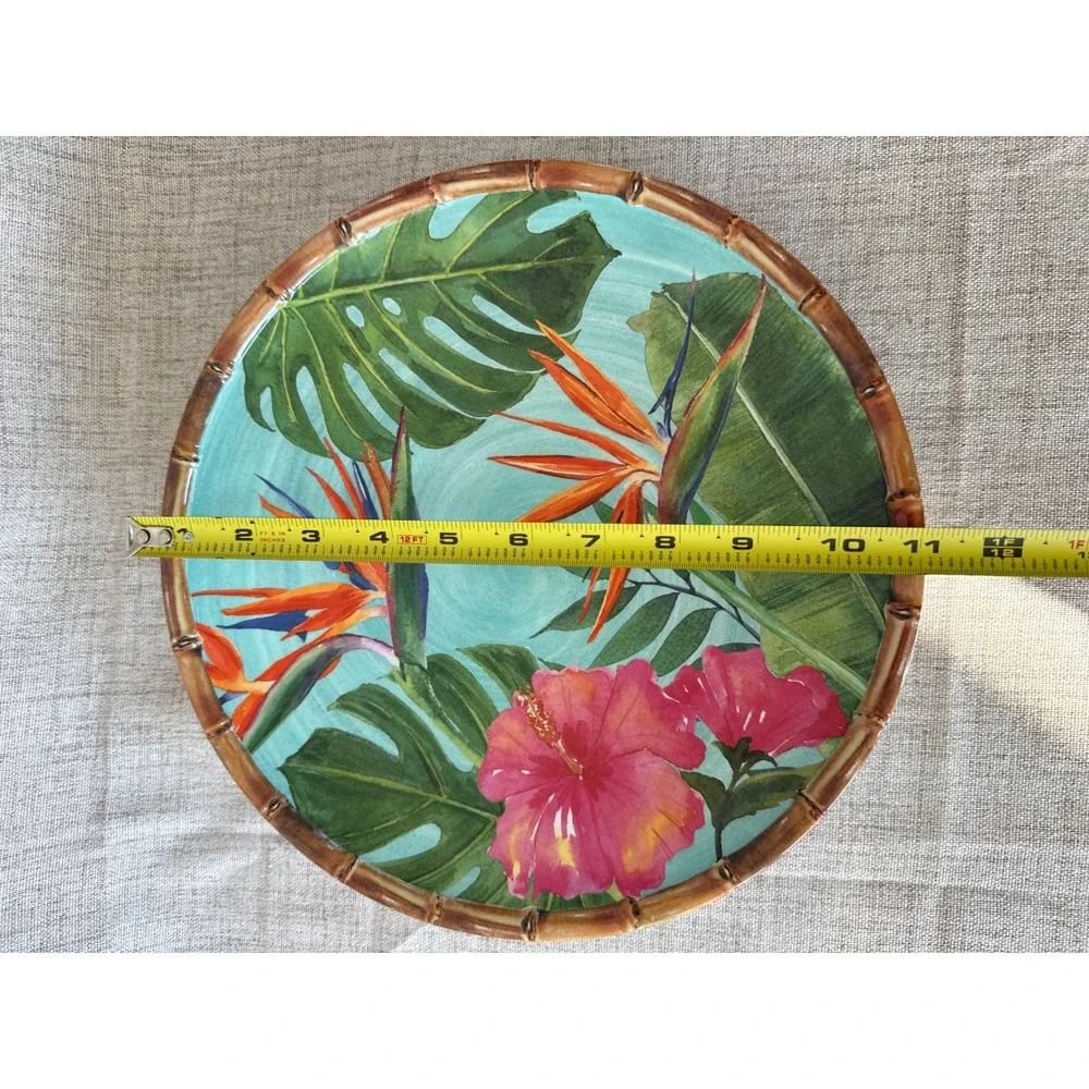 Outdoor Collection Melamine Plates 11 Inch Tropical Floral Bamboo Rim Excellent